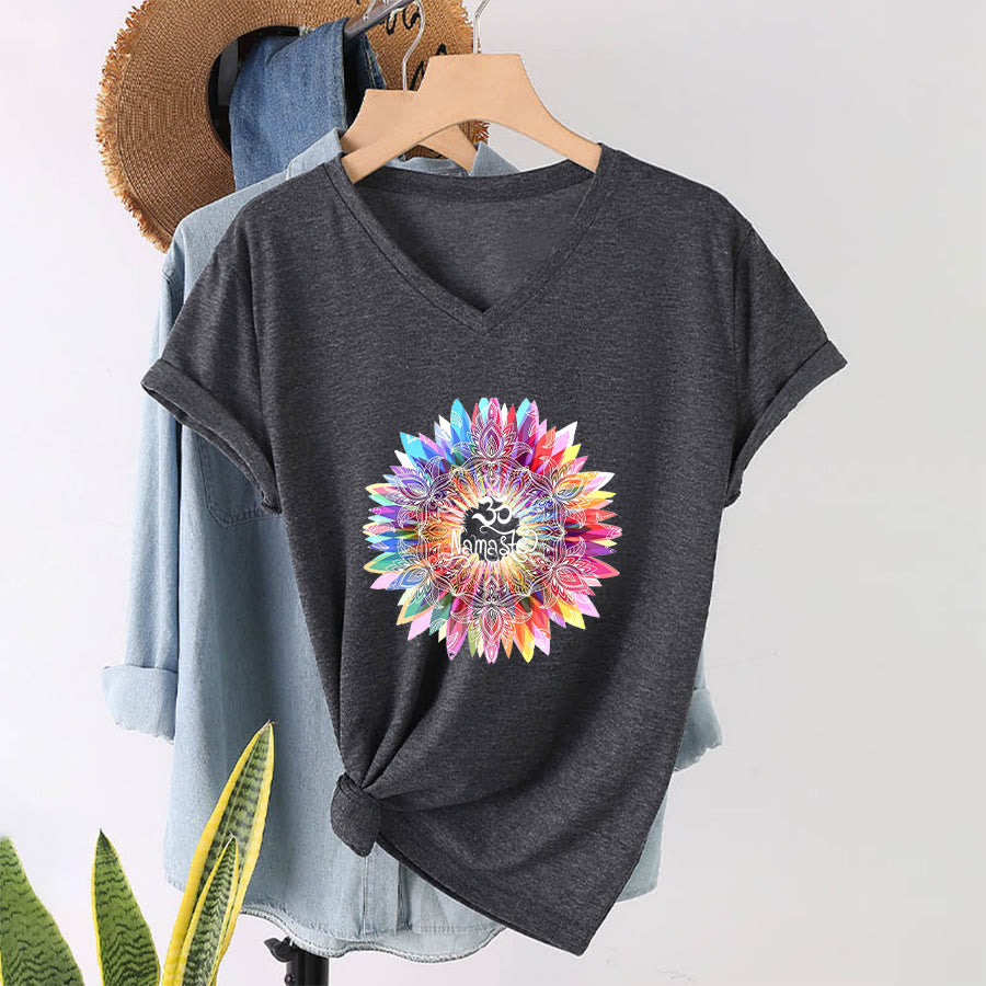 Olivenorma Zen Inspired Mandala Om Namaste V-Neck T-Shirt - Gray - 2XL - image 15