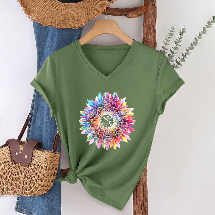 Olivenorma Zen Inspired Mandala Om Namaste V-Neck T-Shirt - Olive Green - 2XL - image 24