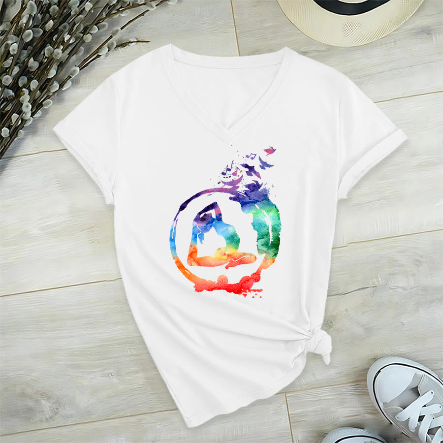 Olivenorma Watercolor Yoga Pose Silhouette With Birds Print V-Neck T-Shirt - White - 2XL - image 18