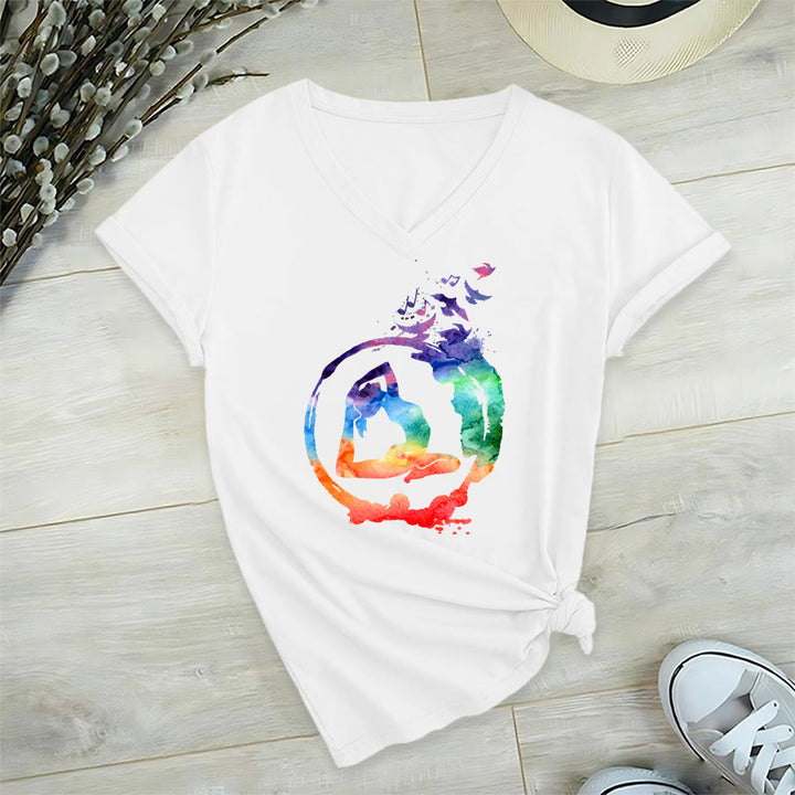 Olivenorma Watercolor Yoga Pose Silhouette With Birds Print V-Neck T-Shirt - White - 2XL - image 18