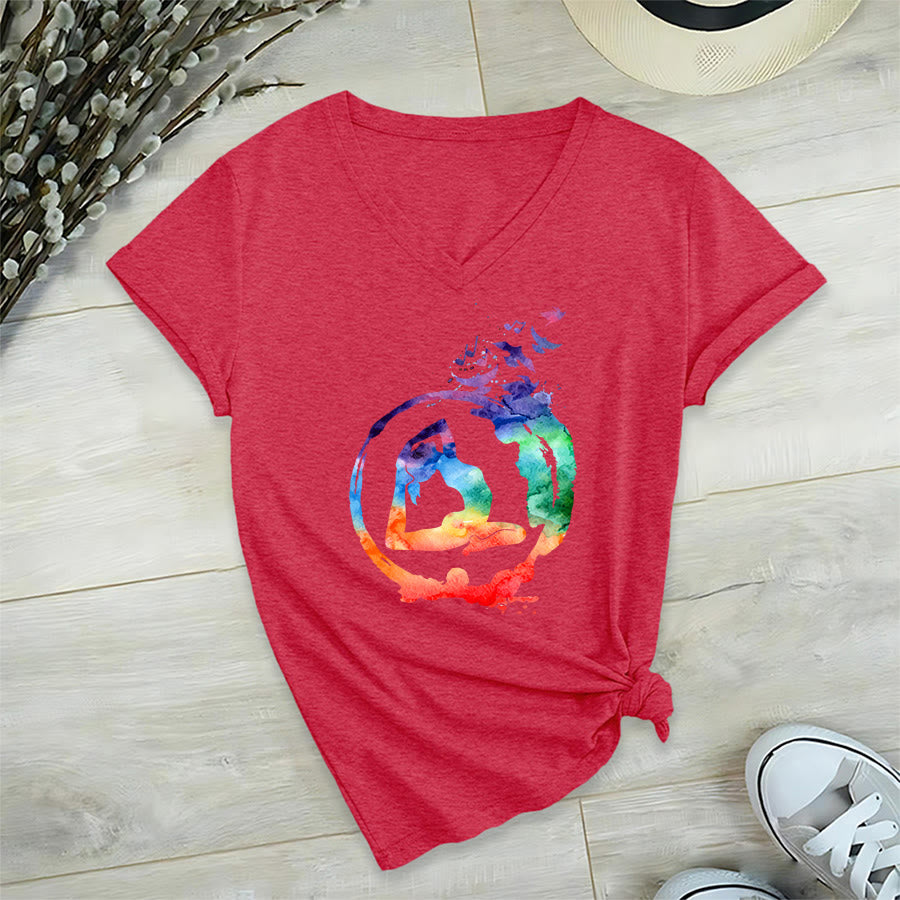 Olivenorma Watercolor Yoga Pose Silhouette With Birds Print V-Neck T-Shirt - Red - 2XL - image 27