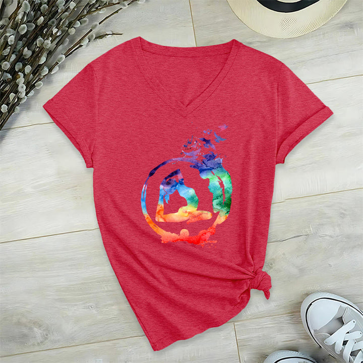 Olivenorma Watercolor Yoga Pose Silhouette With Birds Print V-Neck T-Shirt - Red - 2XL - image 27