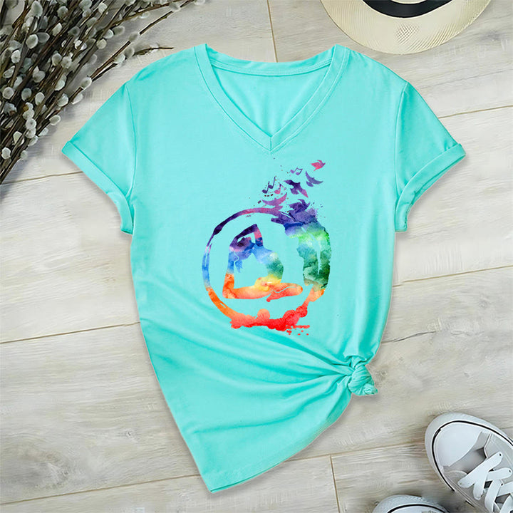 Olivenorma Watercolor Yoga Pose Silhouette With Birds Print V-Neck T-Shirt - Lake Blue - 2XL - image 9