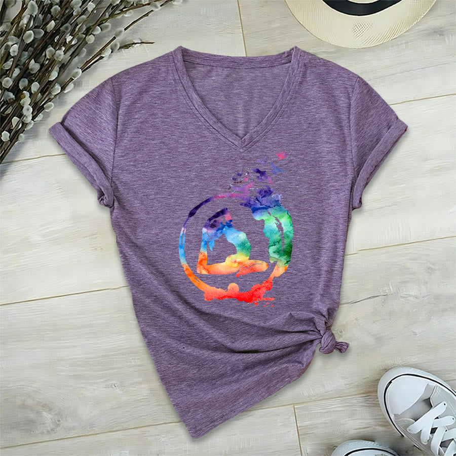 Olivenorma Watercolor Yoga Pose Silhouette With Birds Print V-Neck T-Shirt - Purple - 2XL - image 36