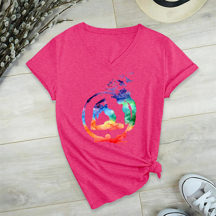 Olivenorma Watercolor Yoga Pose Silhouette With Birds Print V-Neck T-Shirt - Rose Red - 2XL - image 33