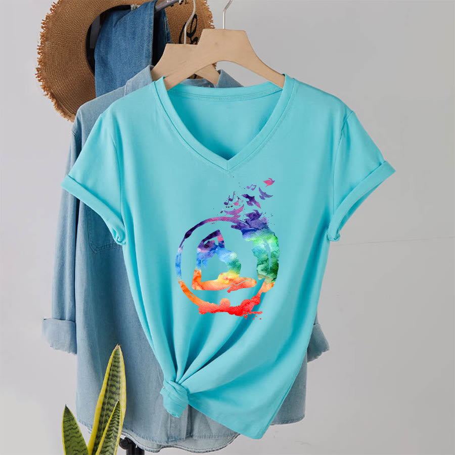Olivenorma Watercolor Yoga Pose Silhouette With Birds Print V-Neck T-Shirt - image 10