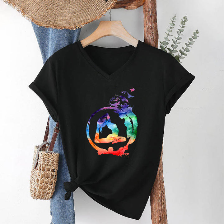 Olivenorma Watercolor Yoga Pose Silhouette With Birds Print V-Neck T-Shirt - image 13