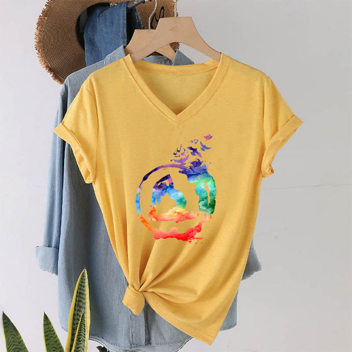 Olivenorma Watercolor Yoga Pose Silhouette With Birds Print V-Neck T-Shirt - image 31