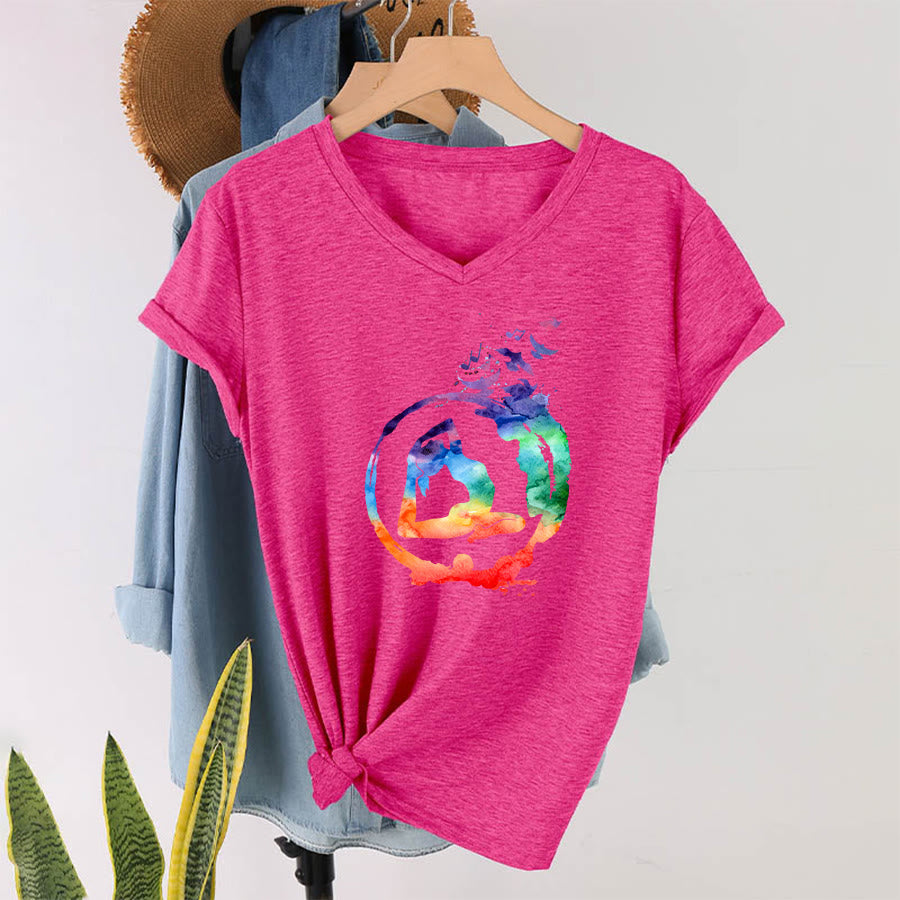 Olivenorma Watercolor Yoga Pose Silhouette With Birds Print V-Neck T-Shirt - image 34
