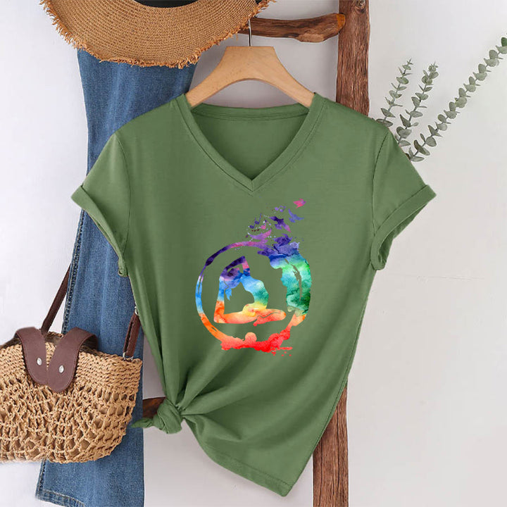 Olivenorma Watercolor Yoga Pose Silhouette With Birds Print V-Neck T-Shirt - image 25