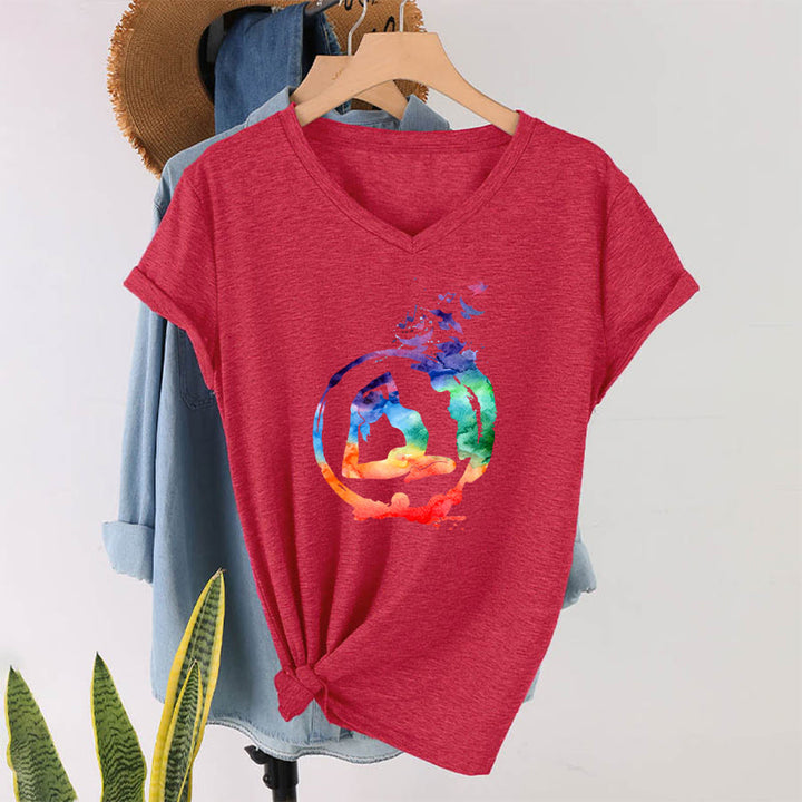 Olivenorma Watercolor Yoga Pose Silhouette With Birds Print V-Neck T-Shirt - image 28