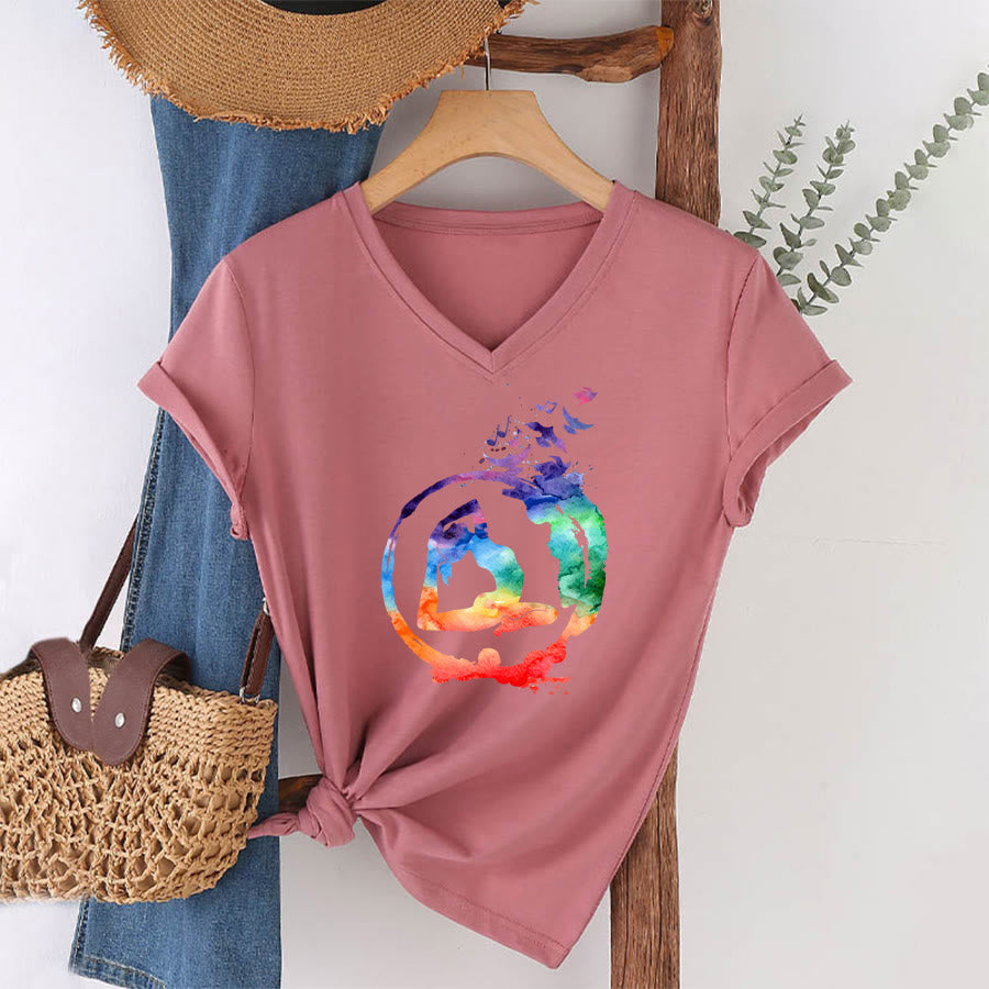 Olivenorma Watercolor Yoga Pose Silhouette With Birds Print V-Neck T-Shirt - image 7
