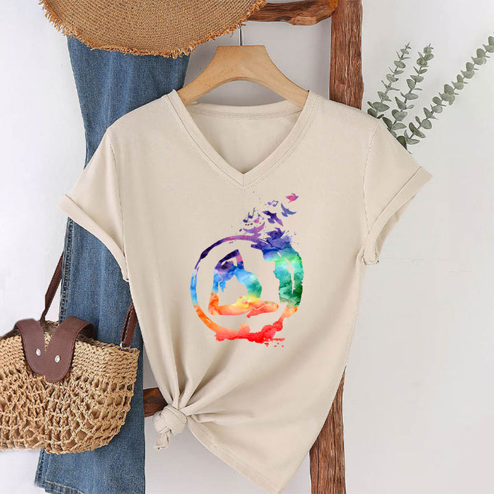 Olivenorma Watercolor Yoga Pose Silhouette With Birds Print V-Neck T-Shirt - image 4