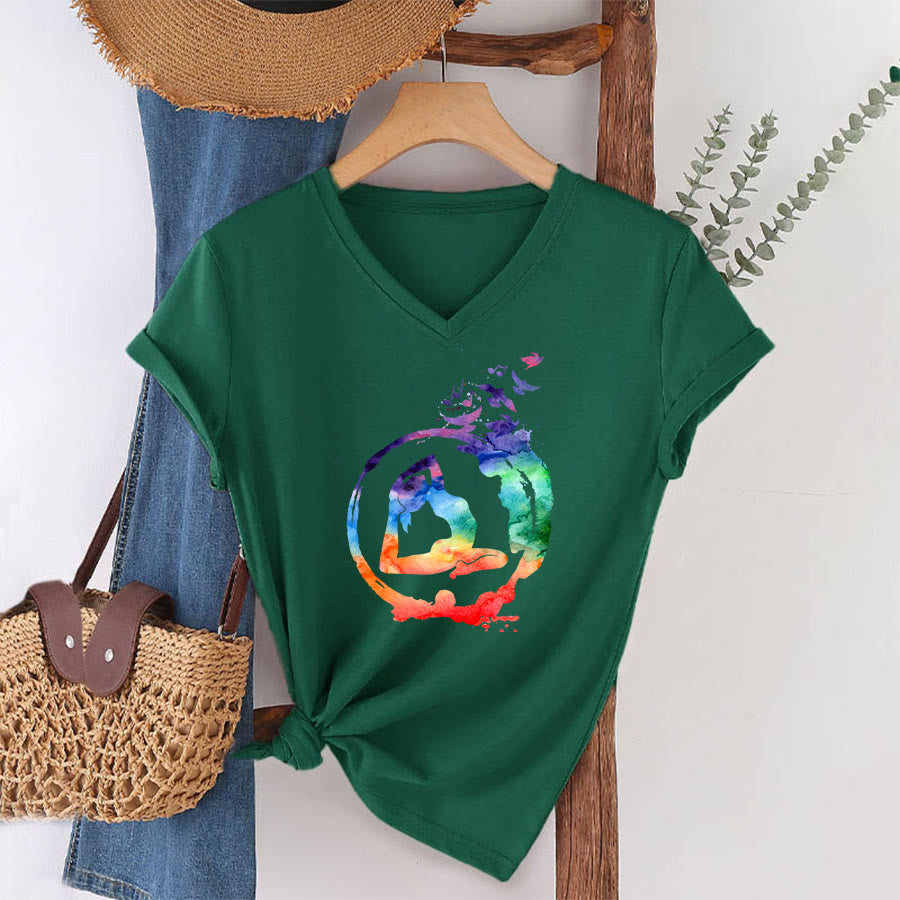 Olivenorma Watercolor Yoga Pose Silhouette With Birds Print V-Neck T-Shirt - image 22