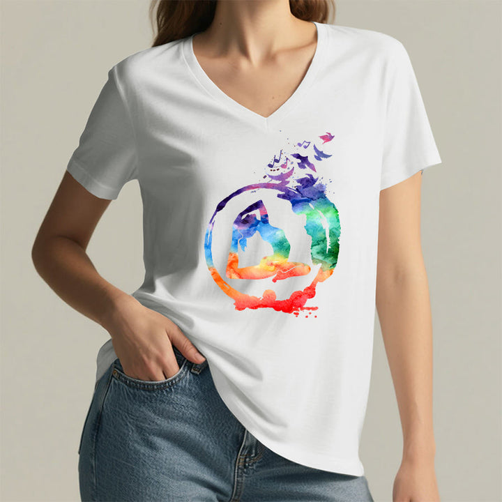 Olivenorma Watercolor Yoga Pose Silhouette With Birds Print V-Neck T-Shirt - image 20
