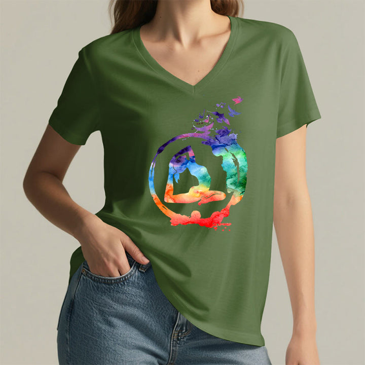 Olivenorma Watercolor Yoga Pose Silhouette With Birds Print V-Neck T-Shirt - image 26