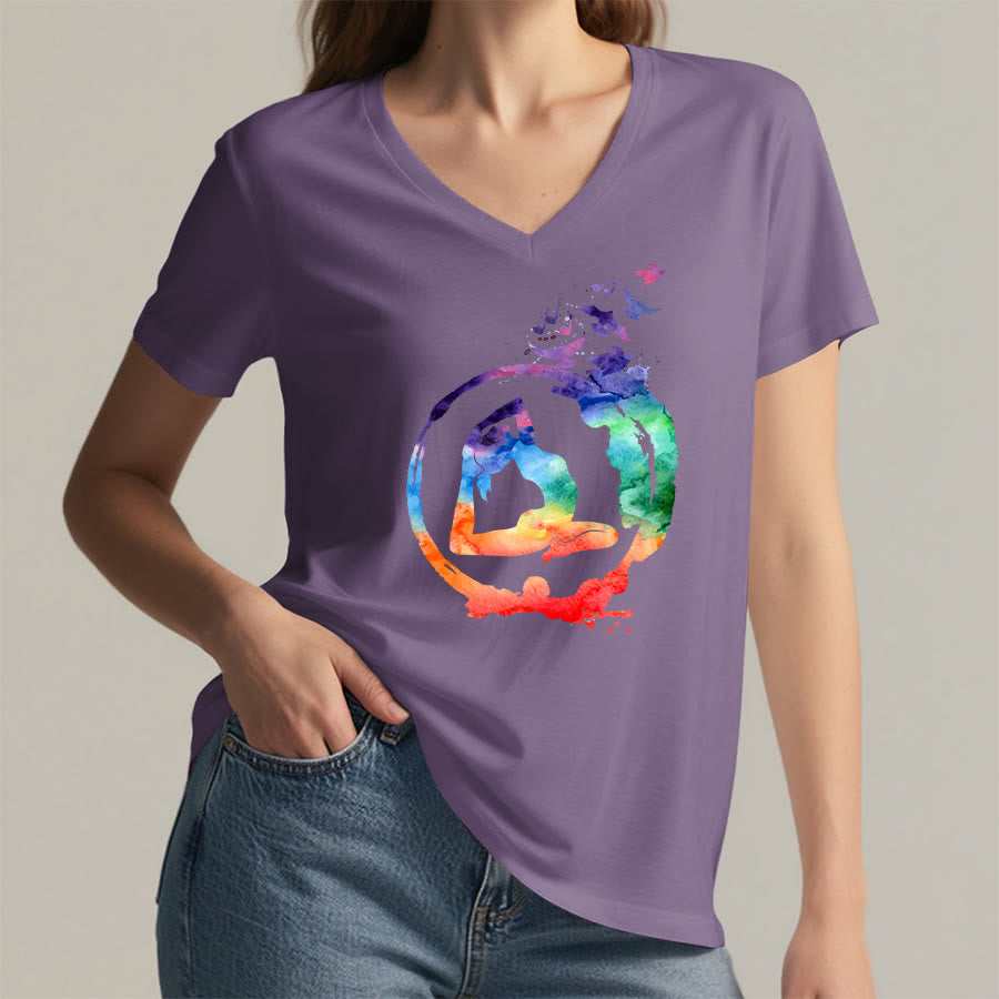 Olivenorma Watercolor Yoga Pose Silhouette With Birds Print V-Neck T-Shirt - image 38