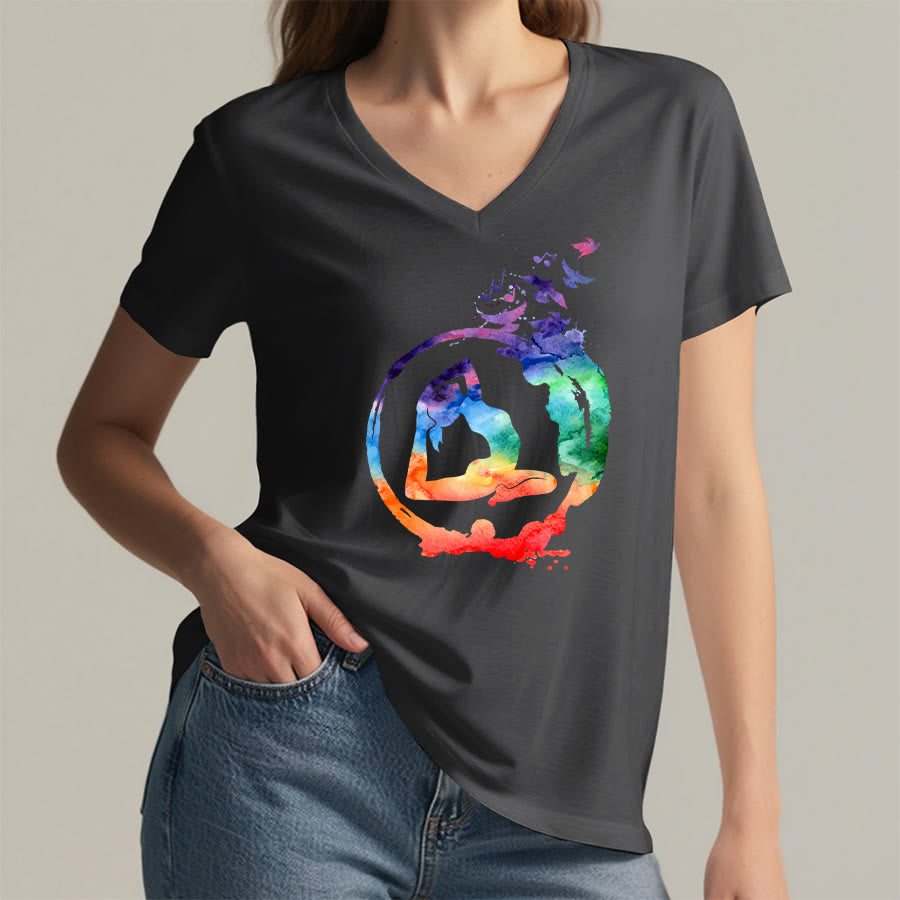 Olivenorma Watercolor Yoga Pose Silhouette With Birds Print V-Neck T-Shirt - image 17