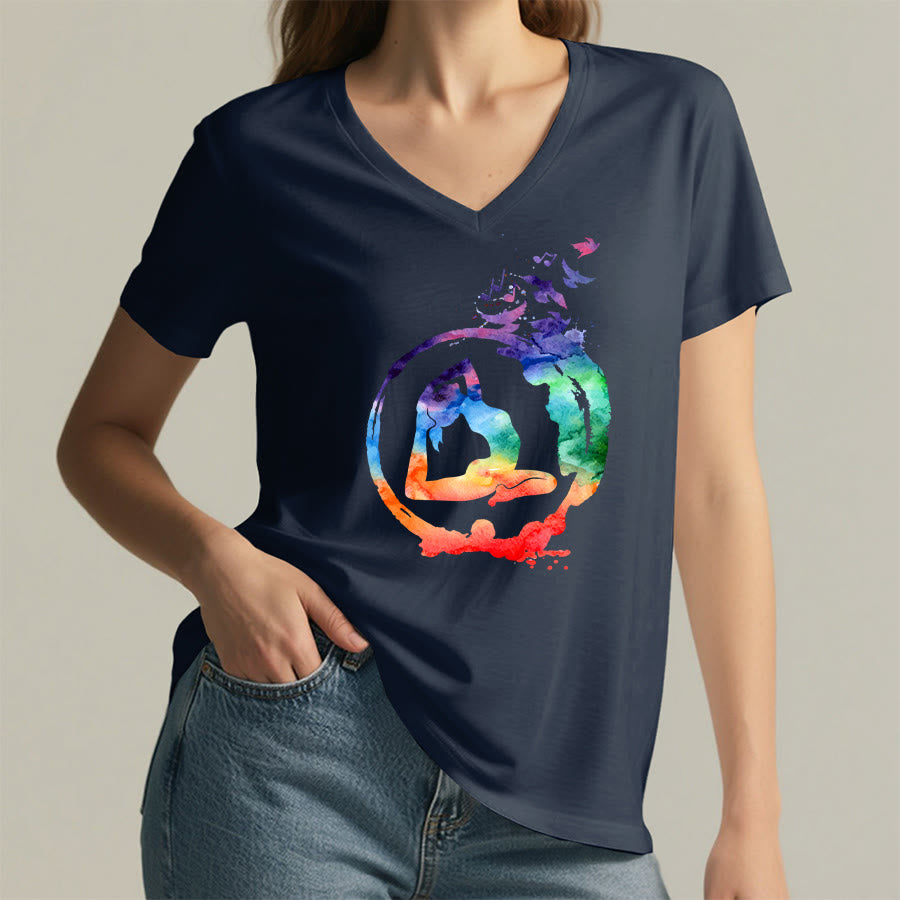 Olivenorma Watercolor Yoga Pose Silhouette With Birds Print V-Neck T-Shirt - image 2