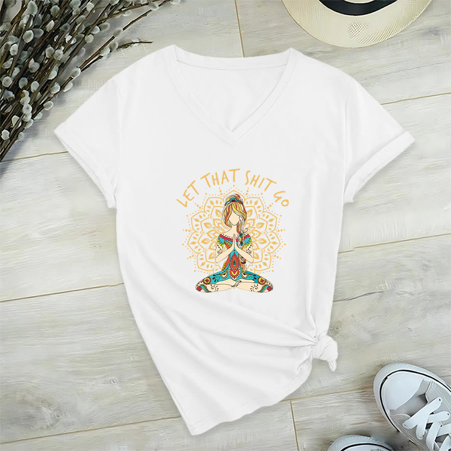 Olivenorma Yoga Themed Meditating Woman Mandala V-Neck T-Shirt - White - 2XL - image 3