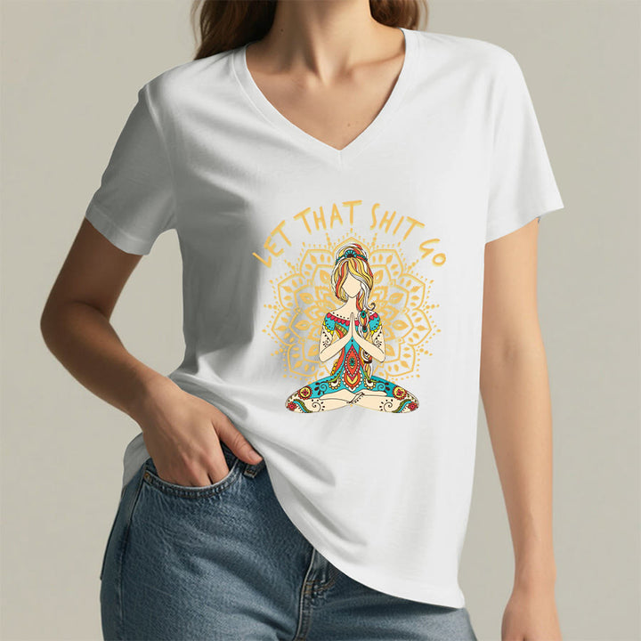 Olivenorma Yoga Themed Meditating Woman Mandala V-Neck T-Shirt - image 5
