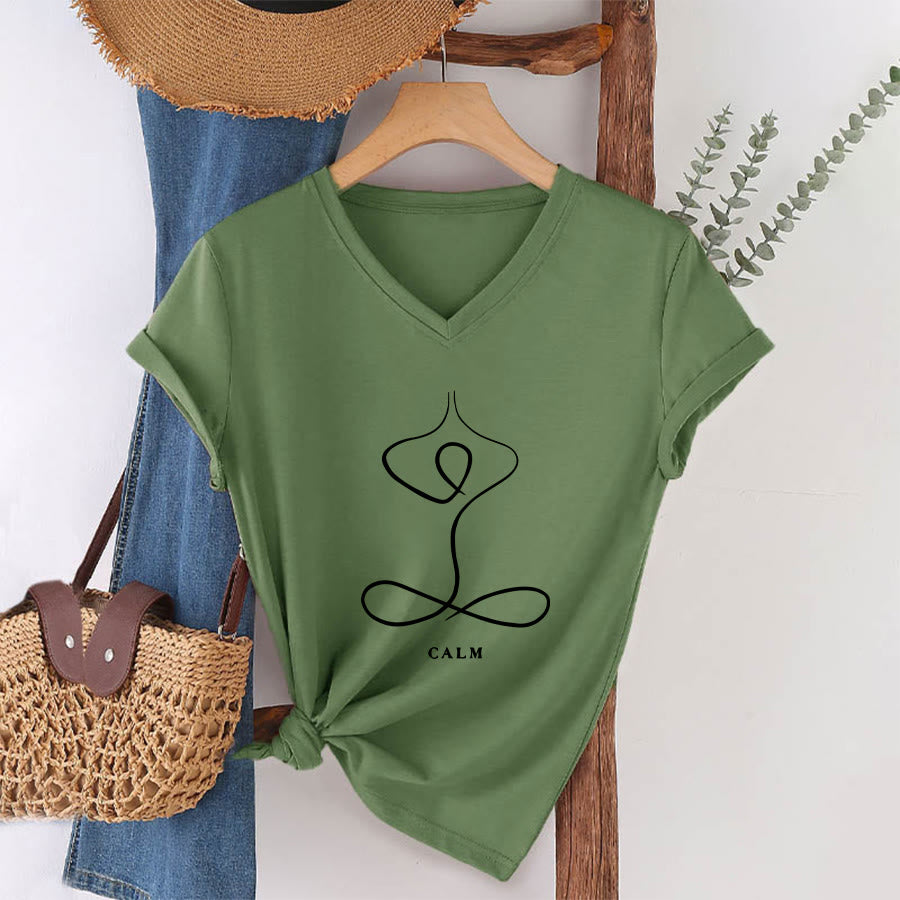 Olivenorma Minimalist Yoga Pose Calm & Breath Graphic V-Neck T-Shirt - CALM - Olive Green - 2XL - image 48