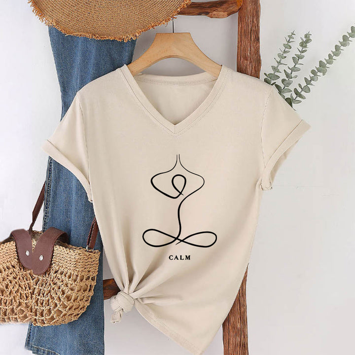 Olivenorma Minimalist Yoga Pose Calm & Breath Graphic V-Neck T-Shirt - CALM - Khaki - 2XL - image 6