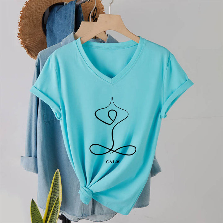Olivenorma Minimalist Yoga Pose Calm & Breath Graphic V-Neck T-Shirt - CALM - Lake Blue - 2XL - image 18