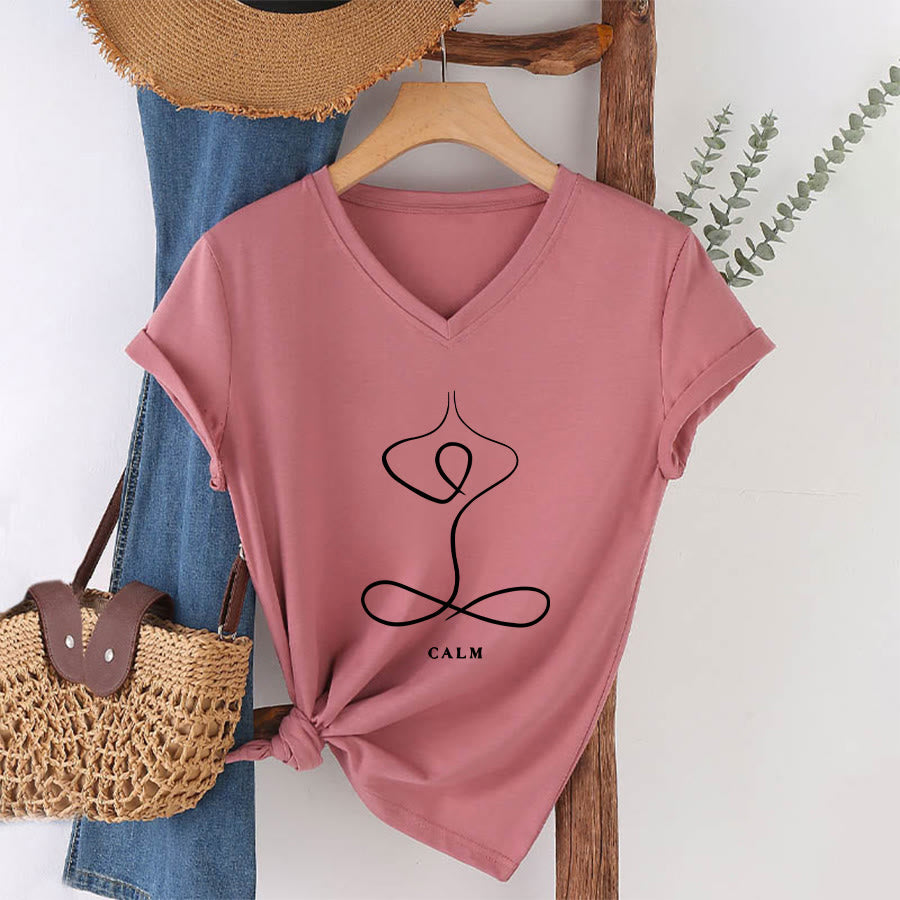 Olivenorma Minimalist Yoga Pose Calm & Breath Graphic V-Neck T-Shirt - CALM - Pink - 2XL - image 12