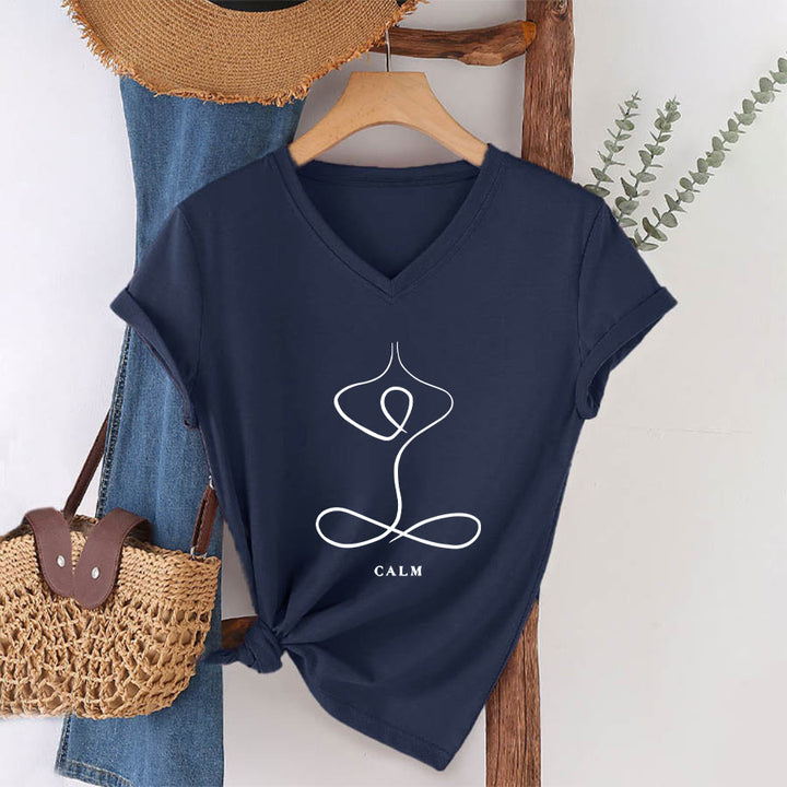 Olivenorma Minimalist Yoga Pose Calm & Breath Graphic V-Neck T-Shirt - CALM - Navy Blue - 2XL - image 36