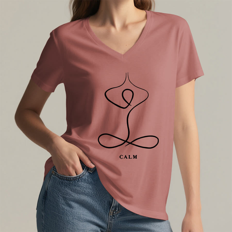 Olivenorma Minimalist Yoga Pose Calm & Breath Graphic V-Neck T-Shirt - image 13