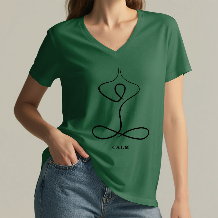 Olivenorma Minimalist Yoga Pose Calm & Breath Graphic V-Neck T-Shirt - image 43