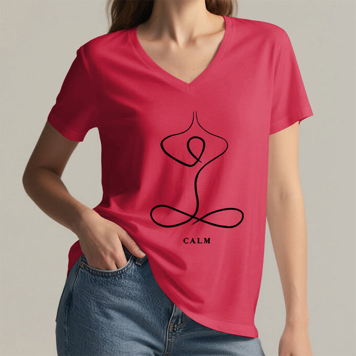 Olivenorma Minimalist Yoga Pose Calm & Breath Graphic V-Neck T-Shirt - image 55