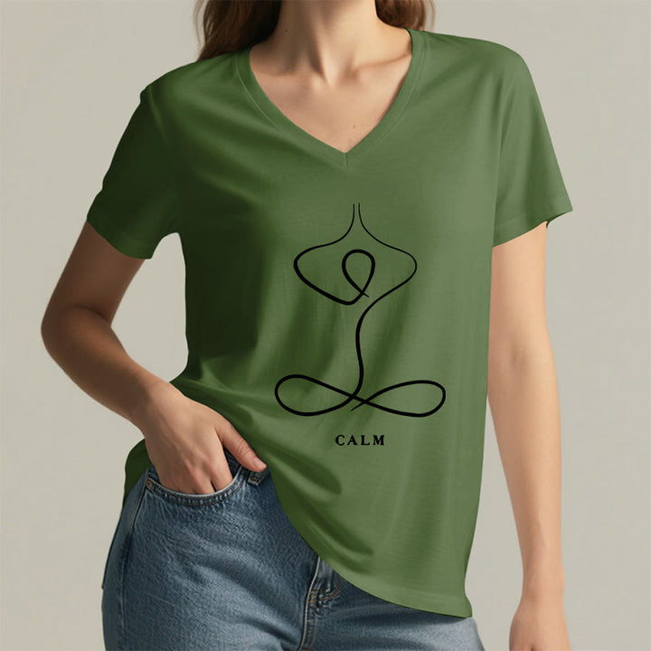Olivenorma Minimalist Yoga Pose Calm & Breath Graphic V-Neck T-Shirt - image 49