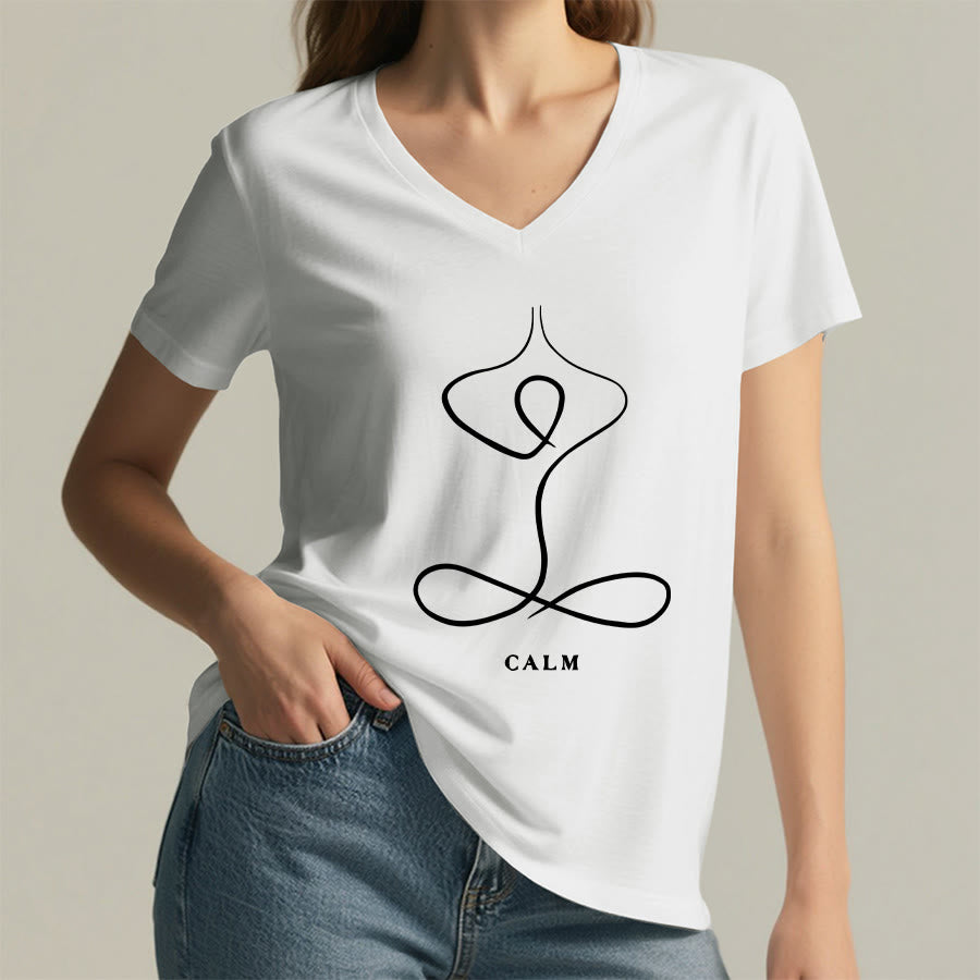 Olivenorma Minimalist Yoga Pose Calm & Breath Graphic V-Neck T-Shirt - image 1