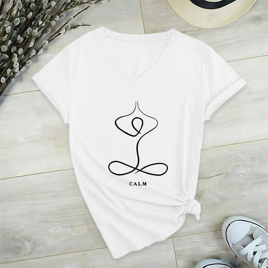 Olivenorma Minimalist Yoga Pose Calm & Breath Graphic V-Neck T-Shirt - image 2