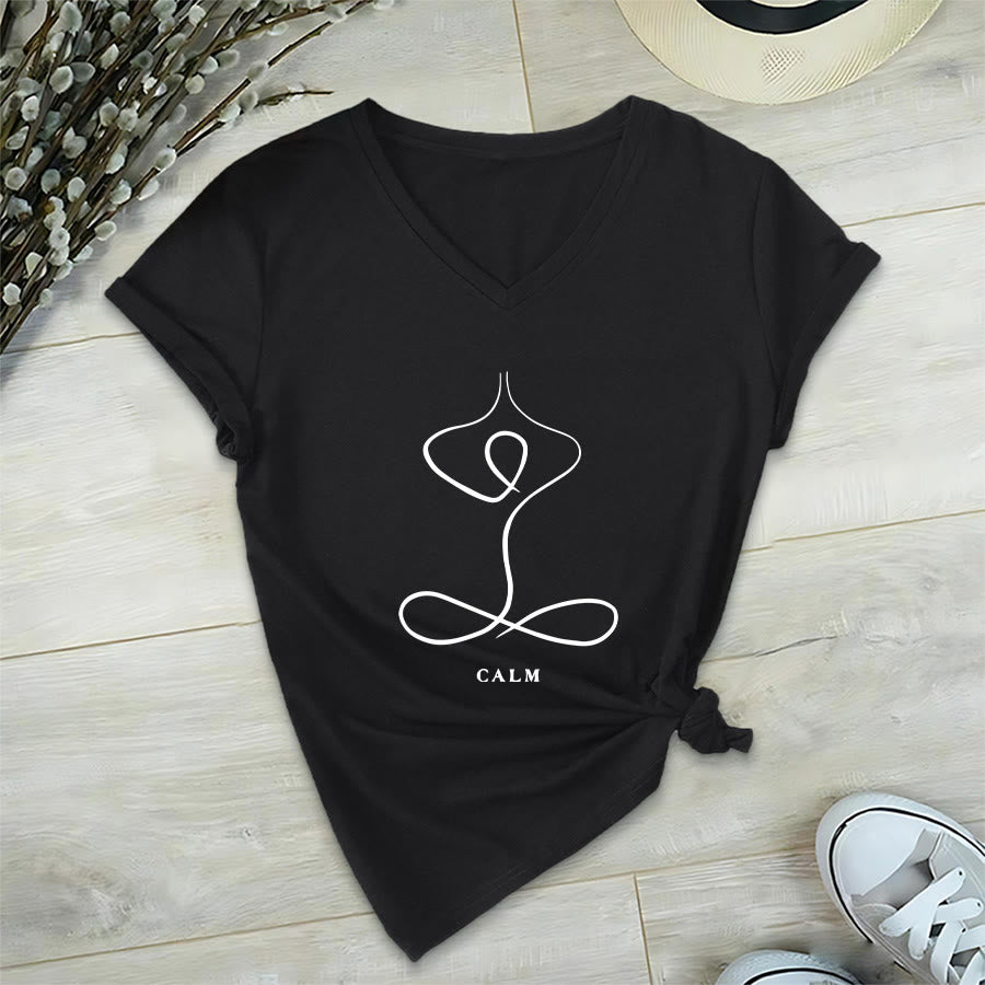 Olivenorma Minimalist Yoga Pose Calm & Breath Graphic V-Neck T-Shirt - image 26