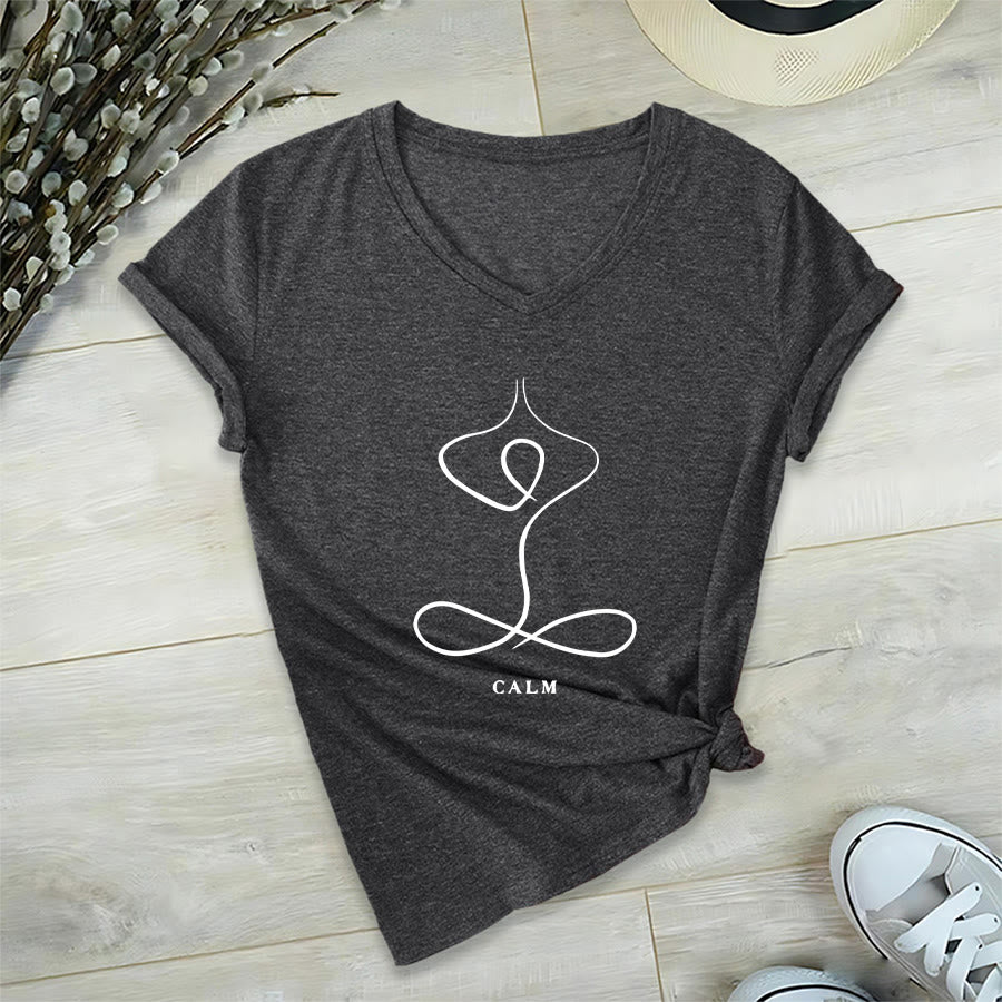 Olivenorma Minimalist Yoga Pose Calm & Breath Graphic V-Neck T-Shirt - image 32