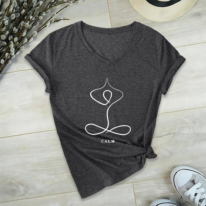 Olivenorma Minimalist Yoga Pose Calm & Breath Graphic V-Neck T-Shirt - image 32