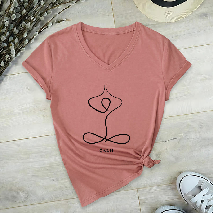 Olivenorma Minimalist Yoga Pose Calm & Breath Graphic V-Neck T-Shirt - image 14