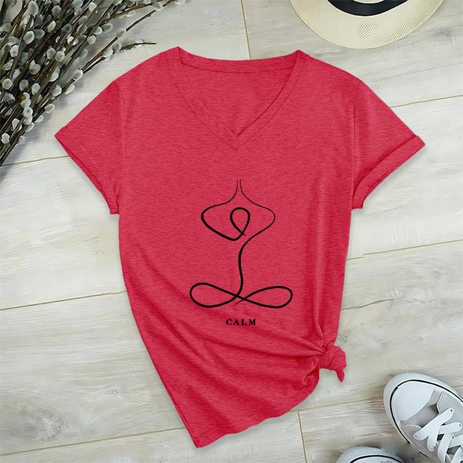 Olivenorma Minimalist Yoga Pose Calm & Breath Graphic V-Neck T-Shirt - image 56