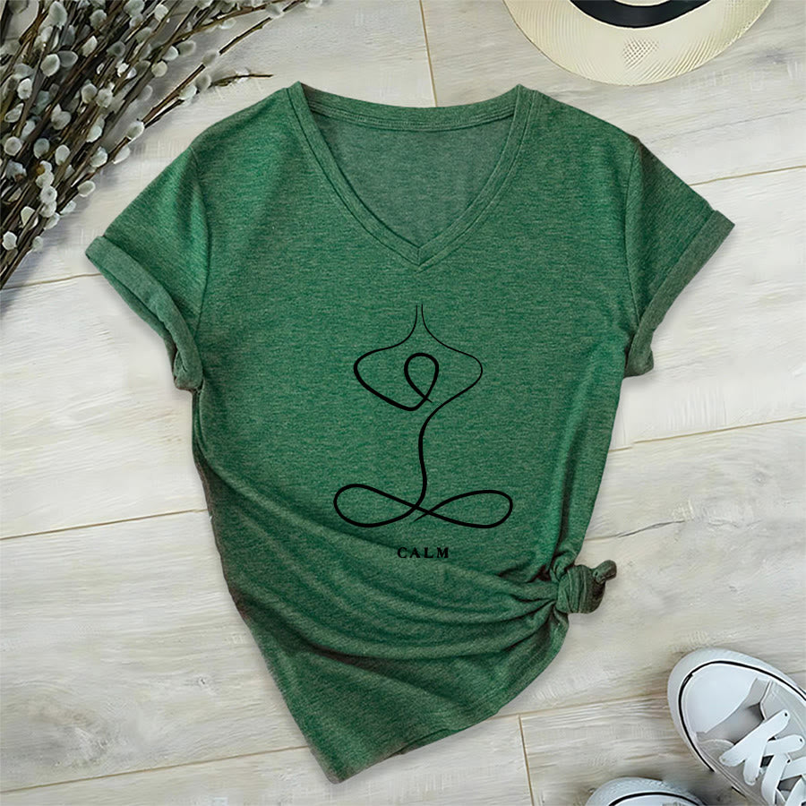 Olivenorma Minimalist Yoga Pose Calm & Breath Graphic V-Neck T-Shirt - image 44