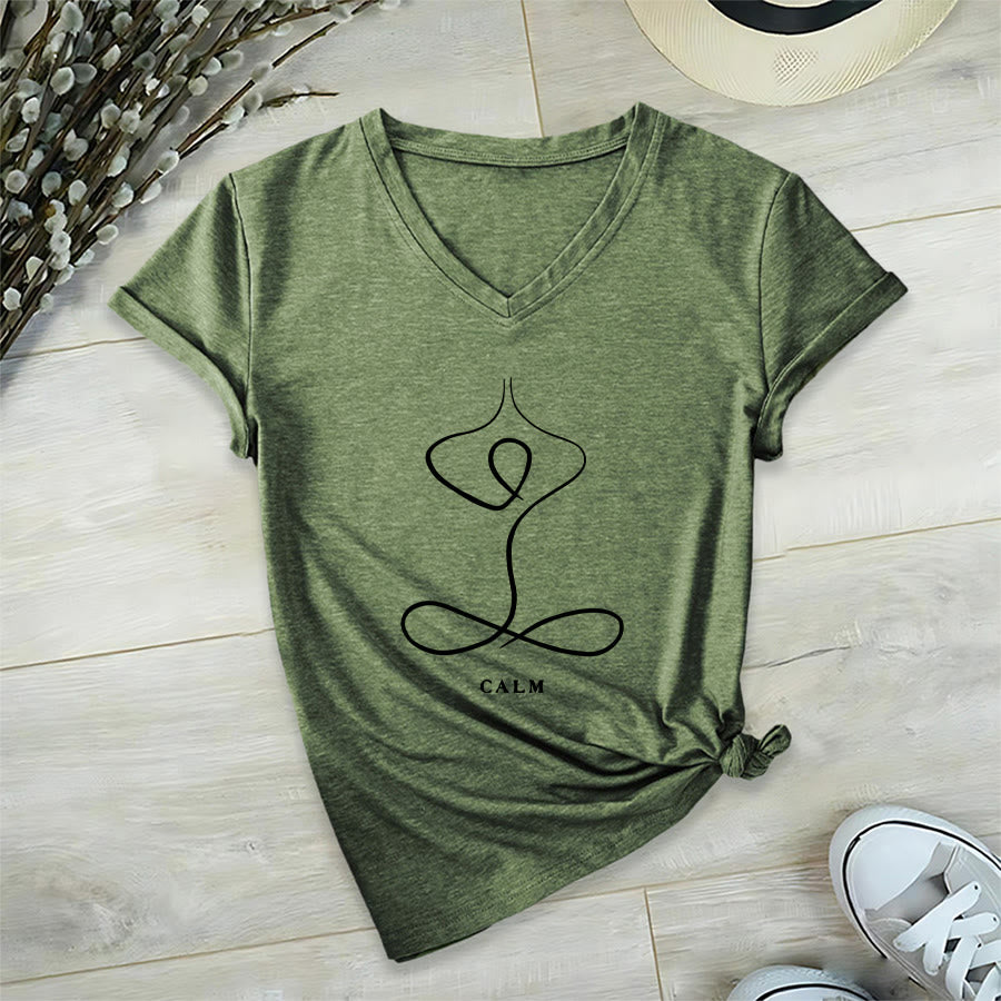 Olivenorma Minimalist Yoga Pose Calm & Breath Graphic V-Neck T-Shirt - image 50
