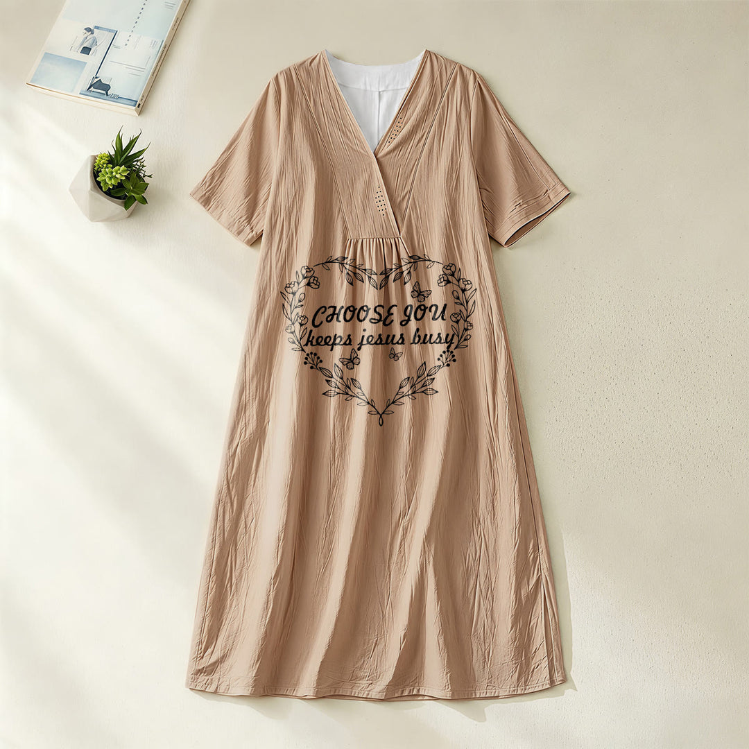 Christianartworkshop Plain Tone Love Scripture Rainbow Heart Slogan V-Neck Short Sleeve Midi Dress - Khaki - 4XL - image 0