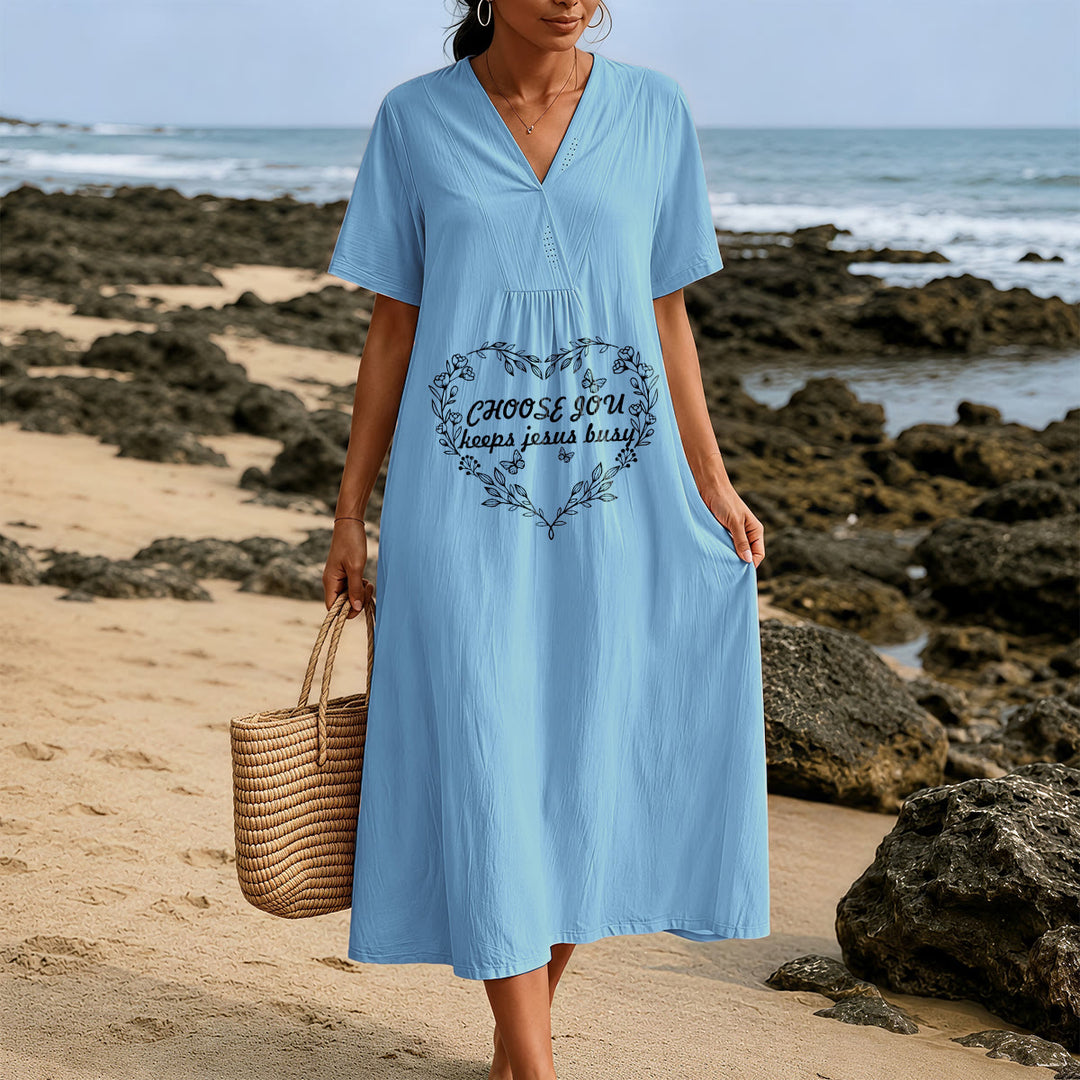 Christianartworkshop Plain Tone Love Scripture Rainbow Heart Slogan V-Neck Short Sleeve Midi Dress - image 5