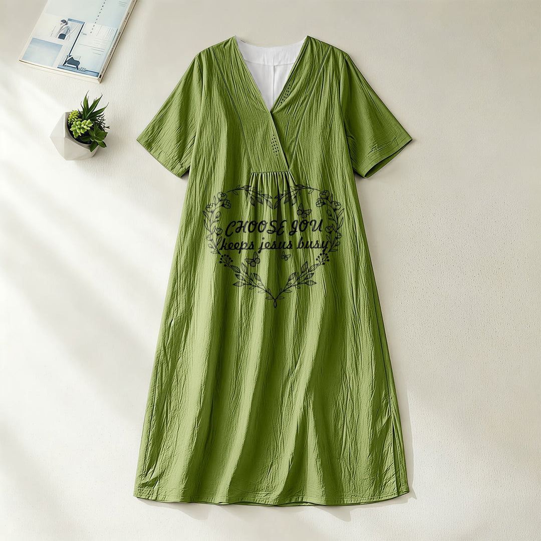 Christianartworkshop Plain Tone Love Scripture Rainbow Heart Slogan V-Neck Short Sleeve Midi Dress - Olive Green - 4XL - image 12