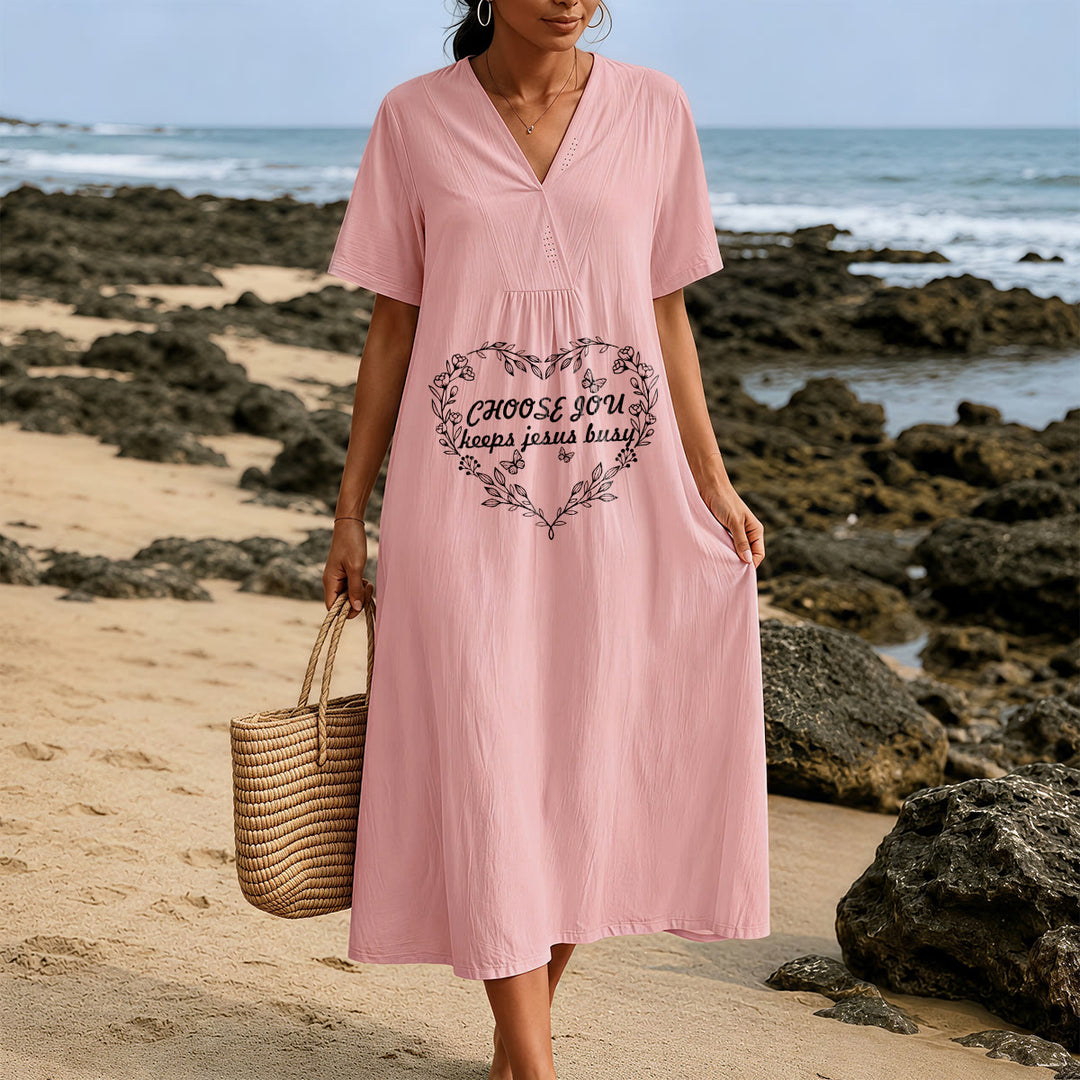 Christianartworkshop Plain Tone Love Scripture Rainbow Heart Slogan V-Neck Short Sleeve Midi Dress - image 21
