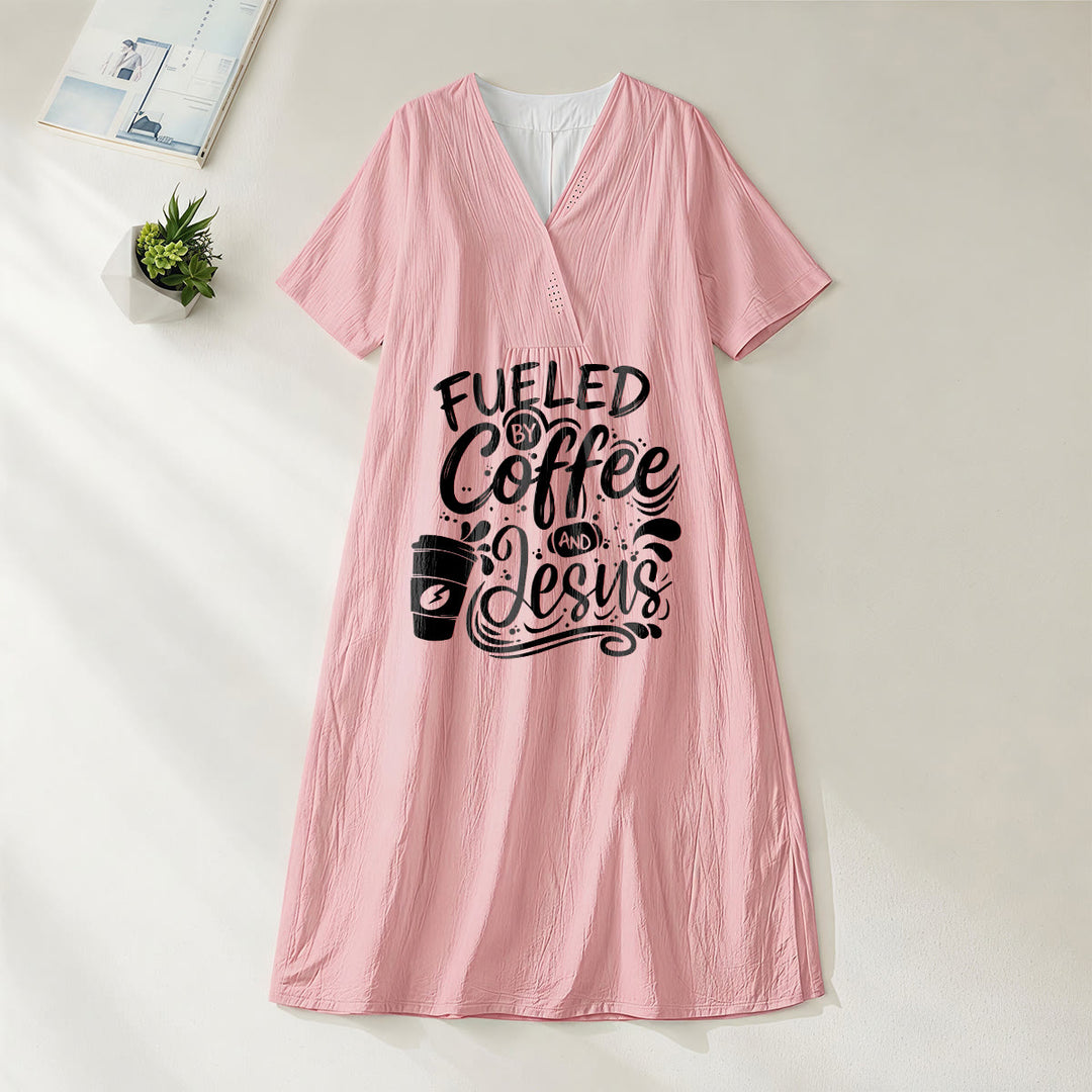 Christianartworkshop "Fueled by Coffee and Jesus" Calligraphy & Coffee Cup Print V-Neck Short Sleeve Midi Dress - Pink - 4XL - image 16