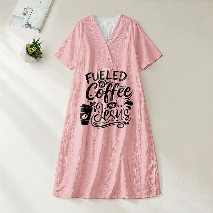 Christianartworkshop "Fueled by Coffee and Jesus" Calligraphy & Coffee Cup Print V-Neck Short Sleeve Midi Dress - Pink - 4XL - image 16