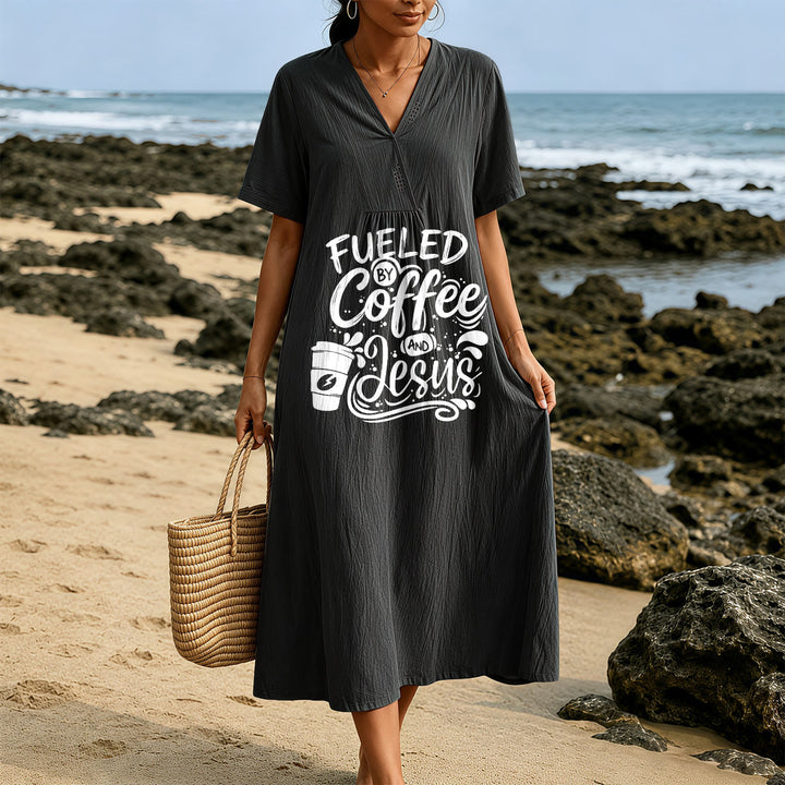 Christianartworkshop "Fueled by Coffee and Jesus" Calligraphy & Coffee Cup Print V-Neck Short Sleeve Midi Dress - image 21